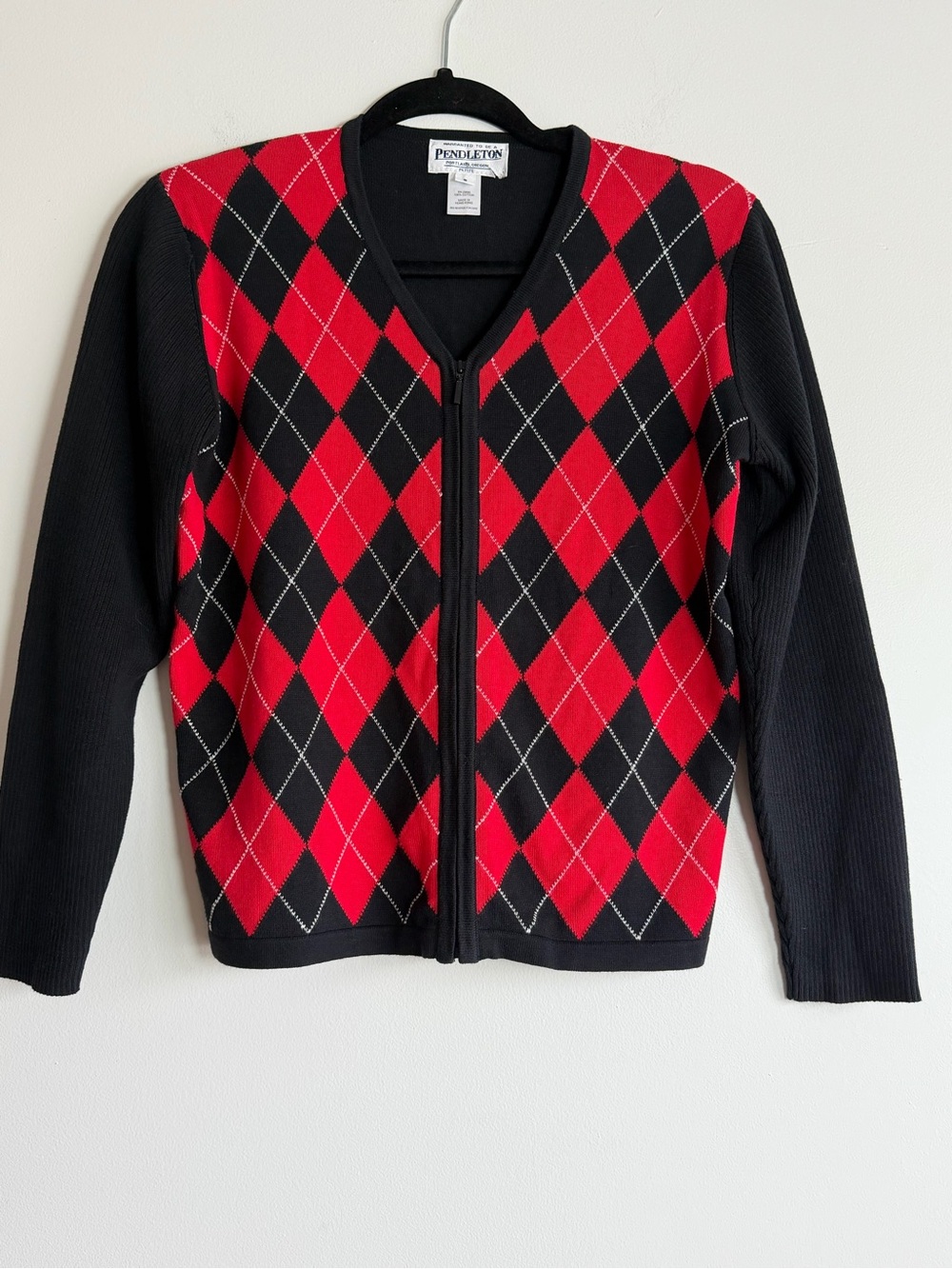 Vintage Pendleton Red Black Argyle Full Zip Cardigan Sweater PS